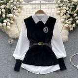 Style High-Level Light Luxury Lady Suit Women Autumn And Winter Solid Color Loose Long-Sleeved Shirt + Sleeveless Knitting