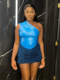 Sexy One Shoulder Trend Two Piece Set Women Summer Sleeveless Skinny Bodysuit Top+Mini Skirts Party Clubwear
