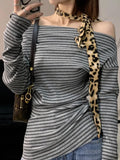 Striped Side-Slanted Shoulder-Slanted Shoulder-Clothed Woman With Thin Waists And Gentle Gentle And Comfortable T-Shirts For Spring And Autumn New Long
