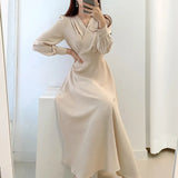 And Autumn 2025 New Korean Chic Temperament Design Feel Waist Thin V Collar Long Dress Women's