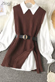 lantern sleeve shirt women knitted vest 2 two piece set 2023 spring autumn womens Shirts sets Sleeveless Sweater