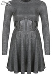 Fashion Chic Bling Glitter Long Sleeve Club Party Dress Mini Backless Hollow Out Sexy Dress Women Autumn Pleated