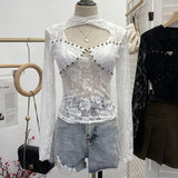 Real Shot Design Lace Ribbon Hollow Long Sleeve Top Sexy Slimming Bottom T-Shirt