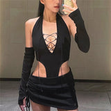 Zingj Summer New Sexy Back Hanging Neck Hollow Out Strap Suit Skirt