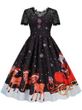 Christmas Costume Party Dress Women Short Sleeve Lace Vintage Winter Dress Robe Elegant Xmas Evening