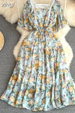 Women Floral Lace Midi Dress Vintage Square Collar Short Sleeve High Waist A-Line Slim Flower Printed Vestidos
