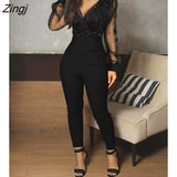 Women Fashion Elegant Casual Sheer Mesh Glitter Pocket Design Jumpsuit V-Neck Long Sleeve Pocket Design