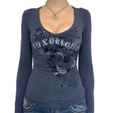 Old Letter Print Knitting V-Neck T-Shirt For Women's New Knitted Long-Sleeved