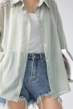 Green Transparent Shirts For Women Summer Chiffon Loose Long Sunscreen Shirts Oversize Thin White Shirt Outerwear