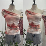 Yarn Printed Slanted Shoulder Sling Vest Retro Design Folding Temperament Short Blouse
