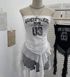Shot With Anti-Slip Letter Print Chest Vest Tsets Lace Splicing Mesh Yarn Irregular Top