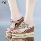 Shoes Women Summer Peep Toe Breathable Beach Sandals Rhinestone Slip-On Wedges Shoes
