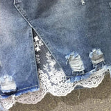 VAREY LIN 2025 New Spring Women Denim Skirts Casual Lace Irregular A-line Skirts High Waist Hole Split Denim Skirt Lady 211-1-Outfit