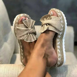 Summer New Slope And Bow Cool Slippers Women's Beach Thick Bottom Hemp Rope Large-Size