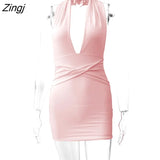 Halter Hollow Out Backless Skinny Dress Women Strapless Sexy Ruched Mini Dresses Female Pink Party Club Vestidos