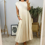 Zingj New Fall 2023 Solid Color Round Collar Sleeveless Pleated Design Loose Dress-Outfit