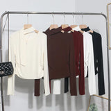Ribbon Scarf Hanging Neck Long-Sleeved T-Shirt Girl 2024 Autumn Slim Thin Folded Bottom Shirt