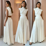 Zingj Years New Holiday Style Pure Color Waist Empty Sexy Waist Pleated Skirt Put Dress