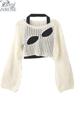 Women Knit O-Neck Pullovers Vintage Loose Long Sleeve Hollow Out Tops Summer Ladies Casual Y2K Clothes Shirts Sweater