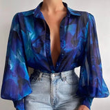 Lantern Sleeve Blouses 2023 Fashion Tops Spring Office Lady Vintage Floral Shirt Ladies Button Up Long Sleeve Shirts