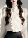 Chic Lace Splicing Long-Sleeved Shirt Early Spring Super Good Single-Dnecked Shirt Temperament Blouse Women's