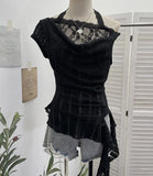 Shooting Lace Splicing Collar Hanging Neck-Sleet T-Shirt Woman Xia Repair Short Irregular Drifting Clothes