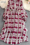 Vintage Women Printed Dress Female Elegant Stand Collar Lantern Long Sleeve High Waist A-Line Midi Vestidos New