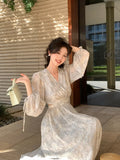 Xixi 2025 Spring New French Temperament Printed High-Rise Long Sleeves With Thin Coat Dress