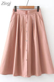 Women Summer Cotton Skirt Girls Elegant Solid Elastic Waist Spring Casual Single-Breasted Office Ladies A-Line Midi Skirt