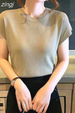 Ice Silk Shirt Knitwear Women's 2023 Summer Office T-Shirt Versatile Solid Top for Clothing Elegant Outwear