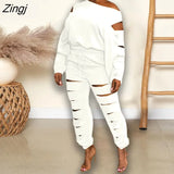 Women Sets Autumn Winter New Solid One Shoulder Long Sleeve Top + Pants 2 Pieces Set Casual Sporty