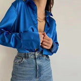 Long Sleeve Blouses Women 2023 Vintage Blue Green Silk Shirt Women Casual Loose Button Up Down Shirts Elegant Tops