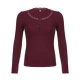 Trend Red Lace Side Buckle Spliced T-Shirt 2023 New V-Collar Basic Simple Slimming Leisure Bottom