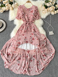 Bohemian Vacation Chiffon Long Dress Women Black/Blue/Pink/Beige Pleated Vestidos Female Ruffle Robe 2023 New
