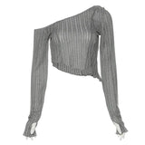 Zingj 2023 New Women's Solid Color Fashion Diagonal Shoulder Sexy Perspective Slim Wooden Ear Long Sleeve T-Shirt-Outfit