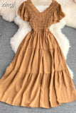 Women Vintage Draped Midi Dress Elegant Purple/Yellow/Red V-Neck Short Sleeve High Waist A-Line Big Swing Vestidos