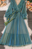 Autumn Women Mesh Pleated Long Dress Vintage Pink/Yellow/Brown V-Neck Flare Sleeve Draped Maxi Vestidos With Belt