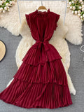 Women Purple/Pink/Green Draped Dress Vintage Ruffle Stand Collar Sleeveless High Waist Party Pleated Vestidos Female