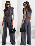 Faitry Face Solid-Colored Collared Folded Fork Vest Top Broad Leg Trousers Set