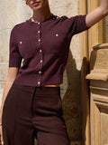 Simple Elegant Double Pocket Metal Buckle Knitted Top Temperament Round-Neck