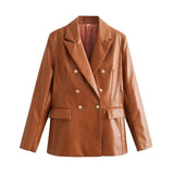Women's Clothing 2025 Autumn New 2 Color PU Imitation Leather Double Row Buckle Long-Sleeved Blazer Women