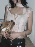 Pure Desire Girl Age Reduction Irregular Lace Splicing Short-Sleeved T-Shirt Design Bubble Sleeve Repair