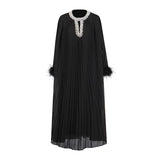 Elegant Dress Women's Autumn 2025 New Heavy Industry Diamond-Strowing Round Collar Loose Hair Splicing 100-Folded Long