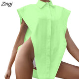 Female Shirt Fashion Sexy Solid Color Turn-Down Collar Sleeveless Tops 2023 Streetwear