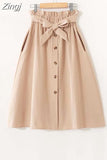 Women Elegant High Waist Midi Skirt Spring And Summer Casual Single-Breasted Solid Black White Bowknot Belt Office A-Line