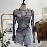 Sun Dyed Elastic Mesh Yarn T-Shirt Stacked With Long-Sleeved Top Press Line T-Shirt