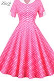 Women Summer Dress Slim Short Sleeve Polka Dot Print High Waist Vintage Elegant Office Party Midi Sundress