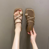 Simple Thin-Slip Slippers Women 2025 Spring And Summer New Square Head Metal Buckle Korean Version Of The Toe Flat Cool
