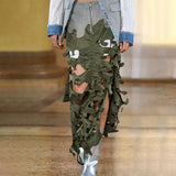 Zingj New Personality Trend Army Green Irregular Hollow Out Splicing Camouflage Design Sense Women's Long