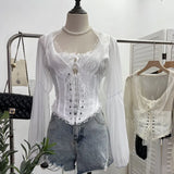 Court Wind Strapped With Waist Fish Bone Shirt Lace Shirt Back Waist To Take Short Top
